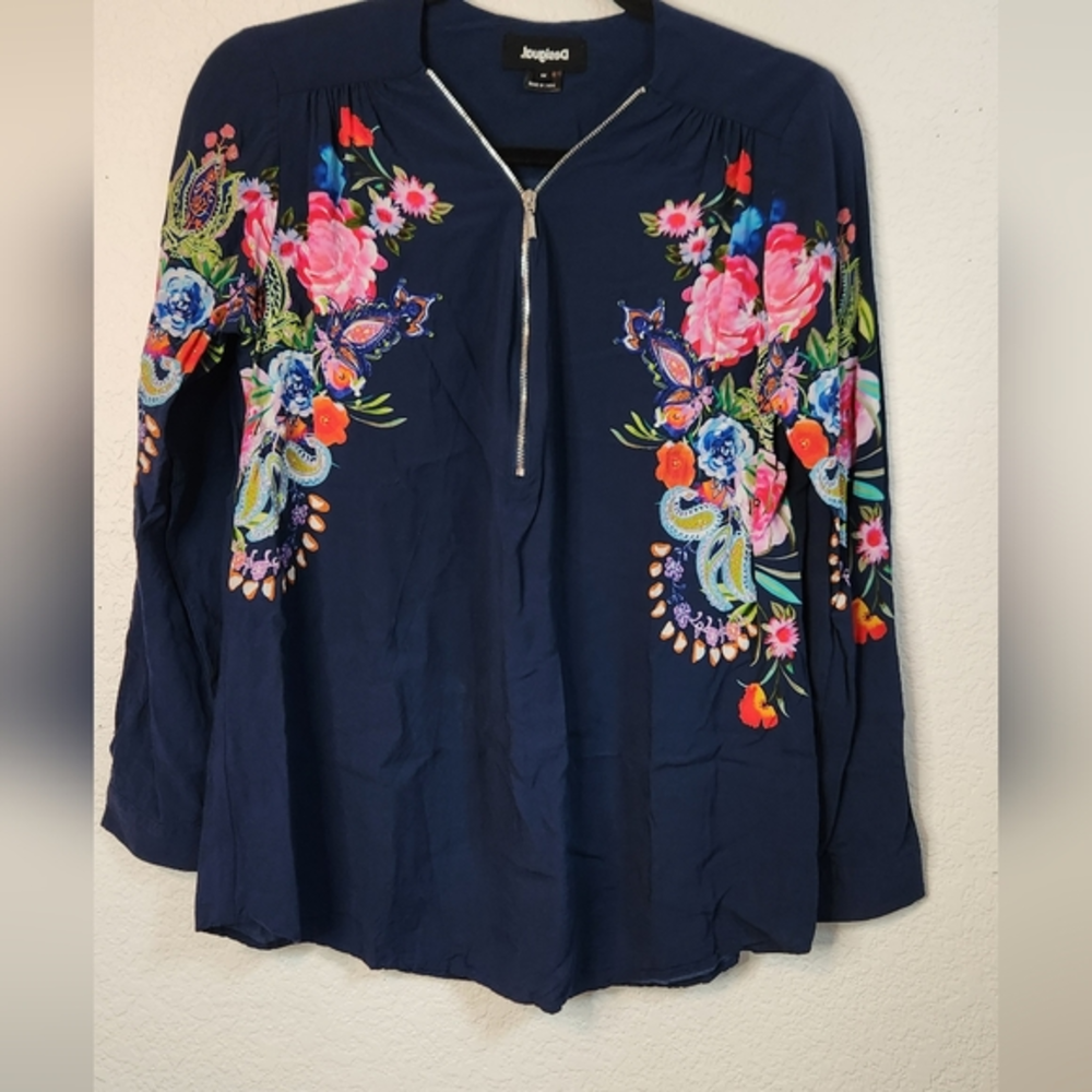 Desigual Kata Long‎ Sleeve Floral Zipper Blouse, Size M